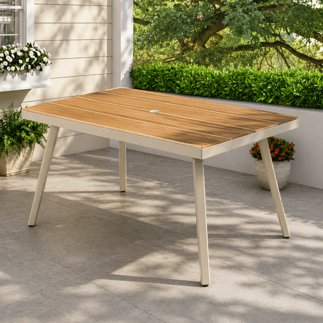  Mesa Refeição Jardim Designia Portofino Retangular 150x90CM Madeira/Camel c/ Furo