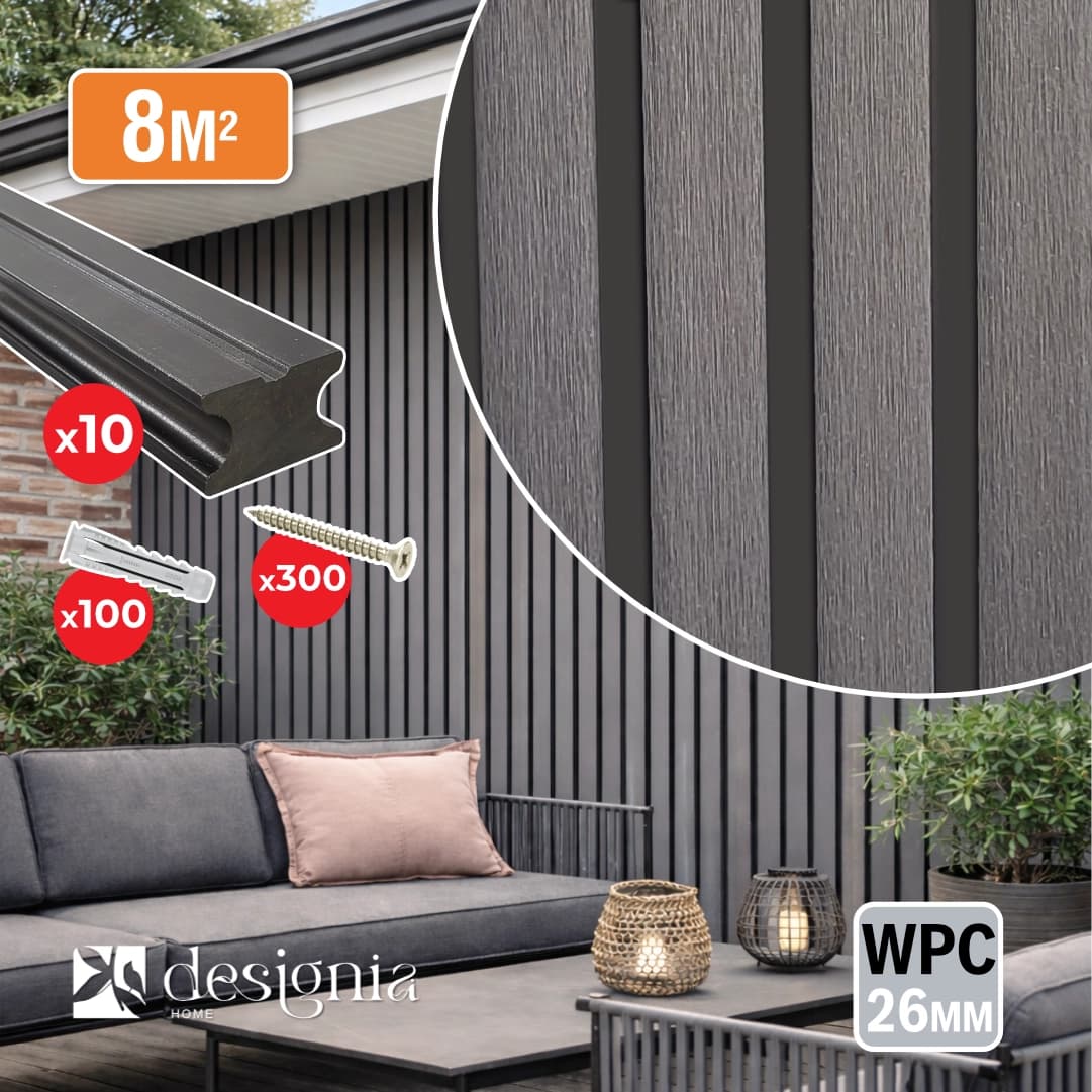  Kit Painel Ripado Exterior WPC Designia Cinza 2900x219x26MM 14UNI + Travessa 10UNI + Parafuso Aglomerado Inox 300UNI  + Bucha Nylon 8MM 100UNI - 8M²