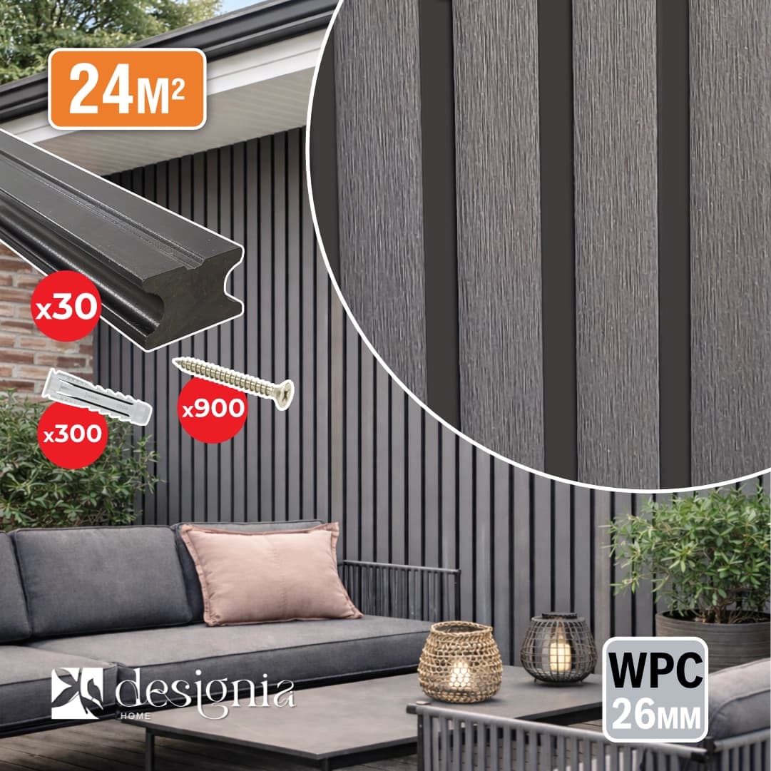  Kit Painel Ripado Exterior WPC Designia Cinza 2900x219x26MM 42UNI + Travessa 30UNI + Parafuso Aglomerado Inox 900UNI + Bucha Nylon 8MM 300UNI - 24M²