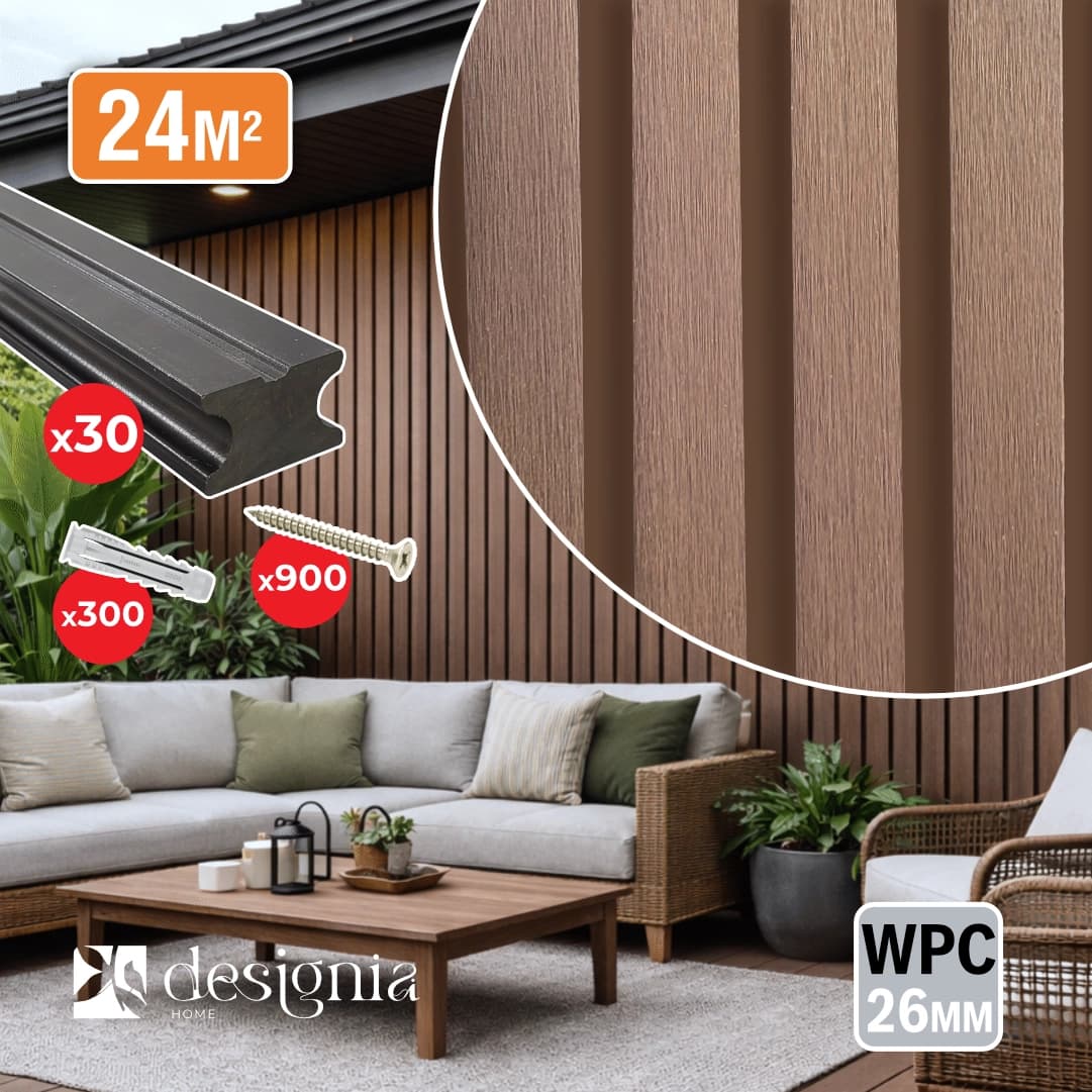  Kit Painel Ripado Exterior WPC Designia Castanho Escuro 2900x219x26MM 42UNI + Travessa 30UNI + Parafuso Aglomerado Inox 900UNI + Bucha Nylon 8MM 300UNI - 24M²
