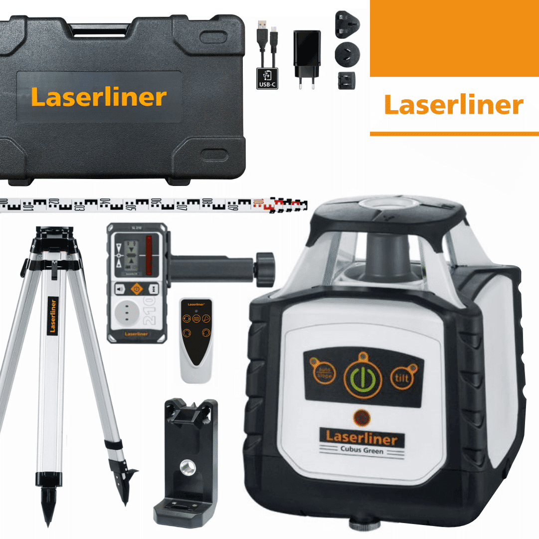 Nível Laser Rotativo Laserliner Cubus 210 S Linha Verde 200M + Tripé 1.50MT + Régua + Receptor + Comando + Mala