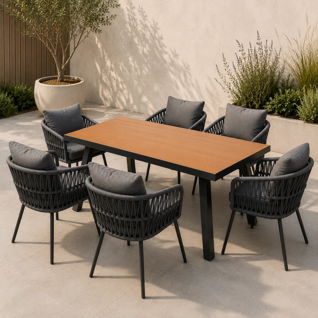 Conjunto Jardim Designia Lagos 6 Cadeiras Preta/Cinza + Mesa Portofino Preta 150X90X75CM
