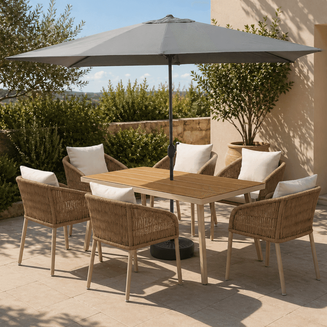 Conjunto Jardim Designia Riviera 6 Cadeiras Camel + Mesa Portofino Camel C/ Buraco 150x90x75CM