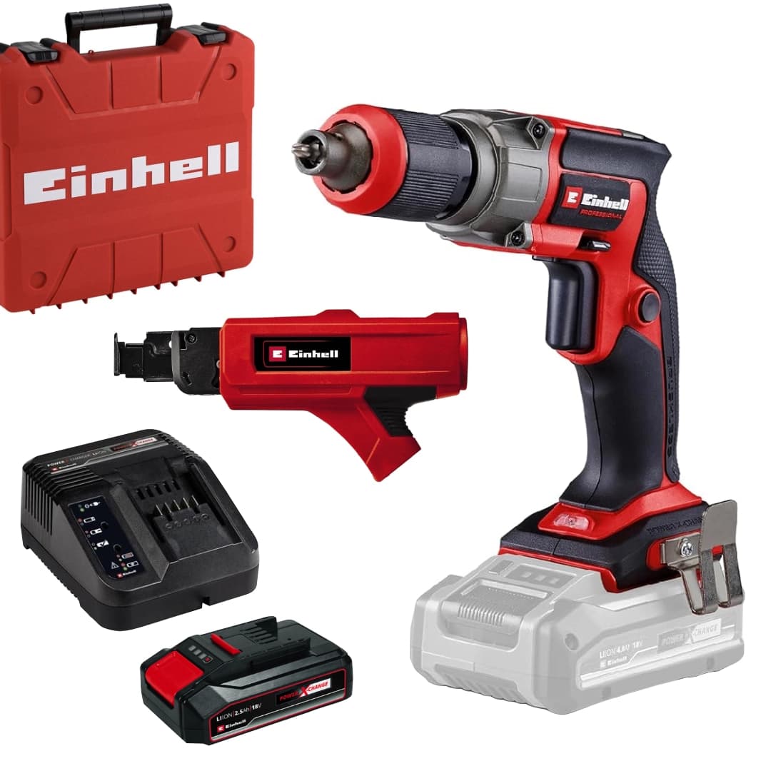 Aparafusadora Einhell p/ Gesso Cartonado TP-DY 18 Li BL - Solo + Bateria 18V 2.5Ah + Carregador + Auto Alimentador p/ Gesso Cartonado + Mala