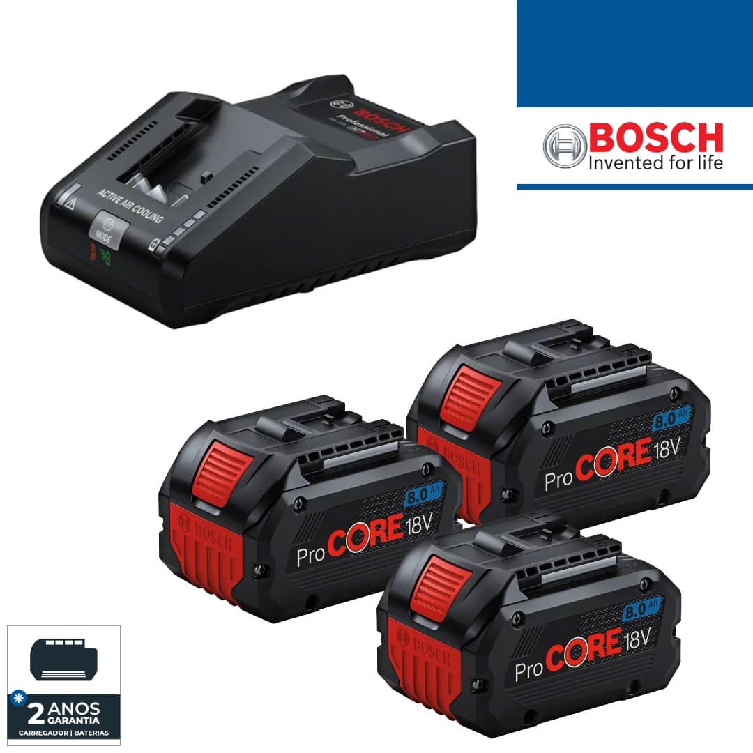 3 Baterias Bosch Profissional ProCore 18V 8.0Ah + 1 Carregador GAL 18V-160 (0615A5004Y) 