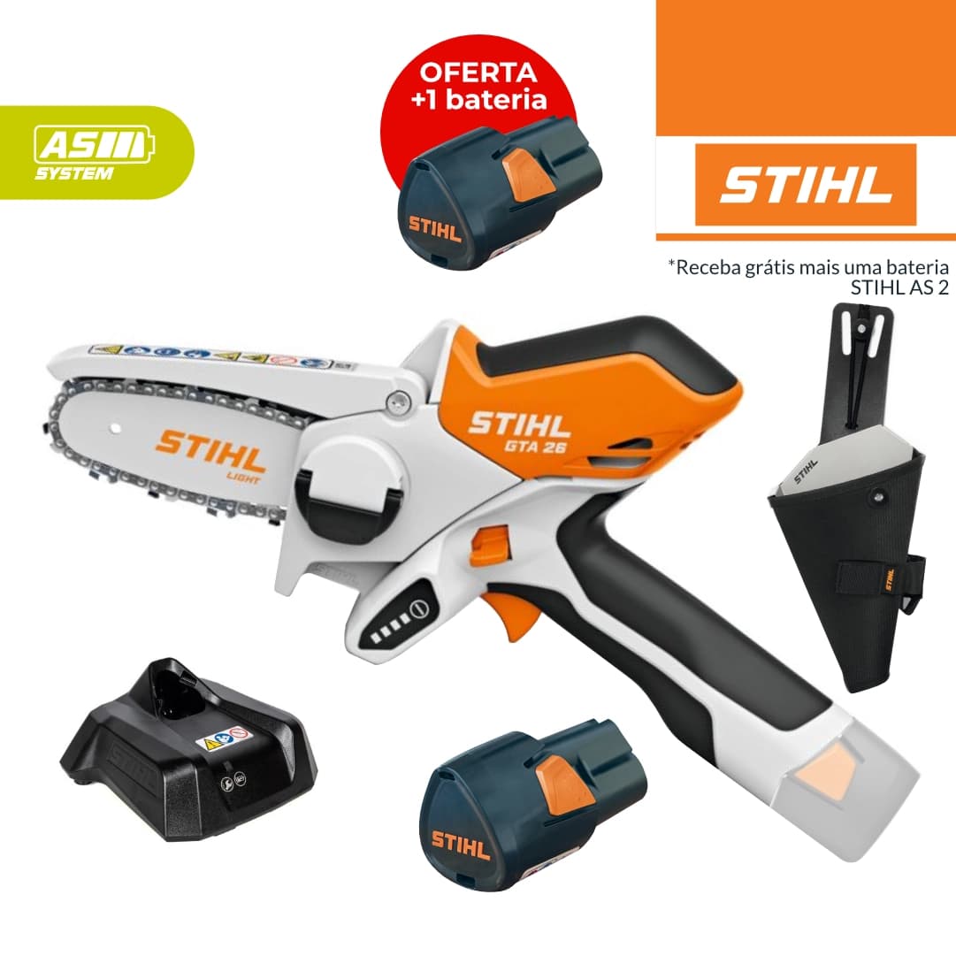 Mini Eletrosserra Podadora Stihl GTA 26 10CM 1/4' + Bateria AS 2 2.6Ah + Carregador + Bolsa + Oferta Bateria