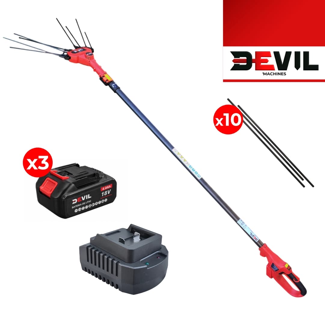 Varejador de Oliveiras Telescópico Fibra de Carbono 18V Devil'Tools HA06457A + 3 Baterias 18V 4.0Ah + Carregador + 10 Varetas