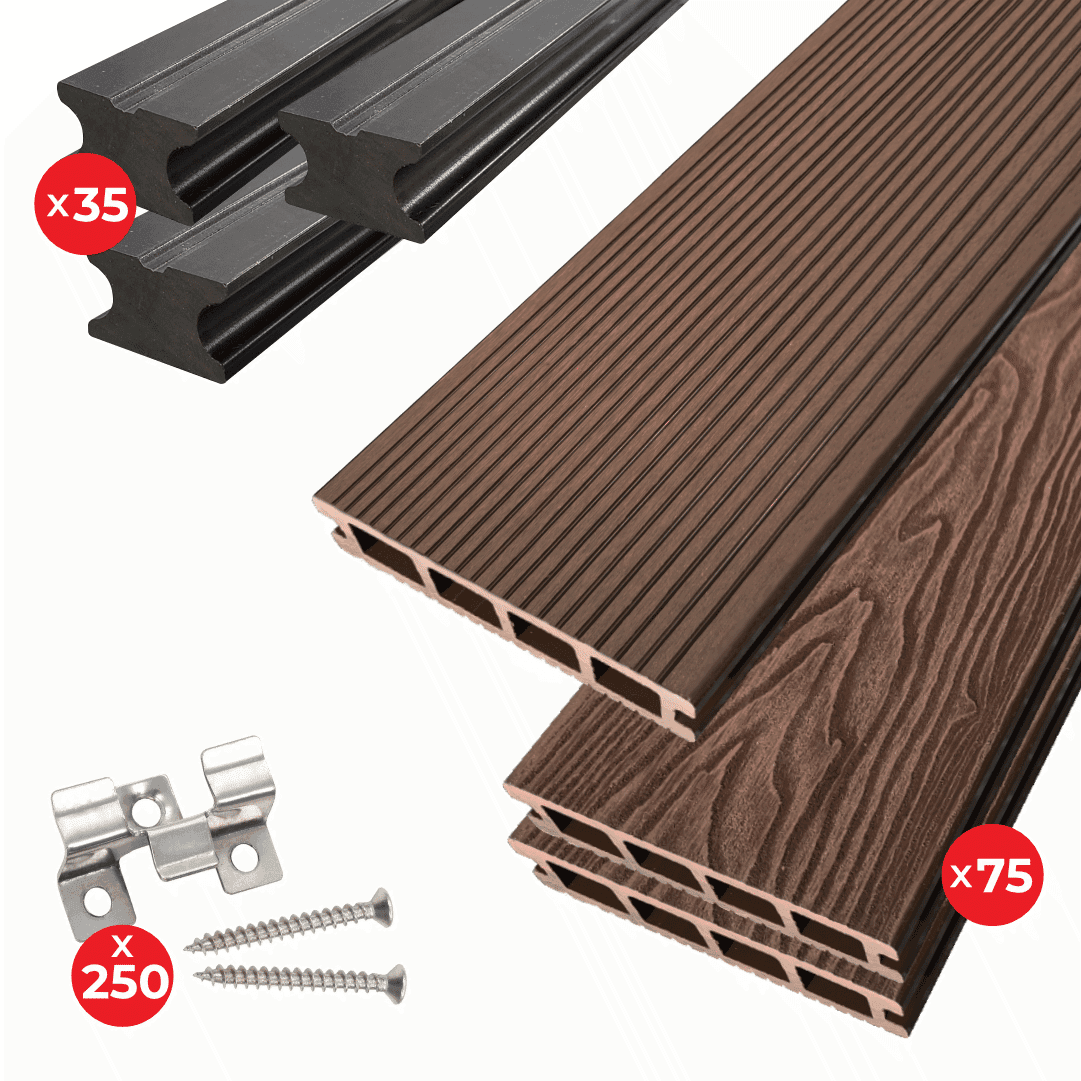 Kit Deck Compósito Reversível Designia Latte 25MM + Travessa + Clip Metálico c/ Parafuso - 25M²